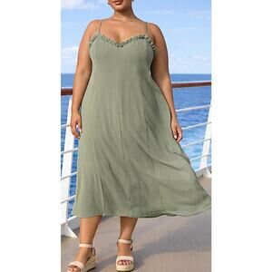 A New Day Olive Green Ruffle Cami Maxi Dress - Lined  XXL Adjustable Straps New